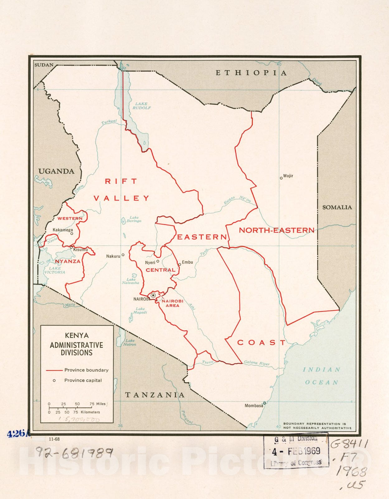 Historic 1968 Map - Kenya, Administrative divisions.