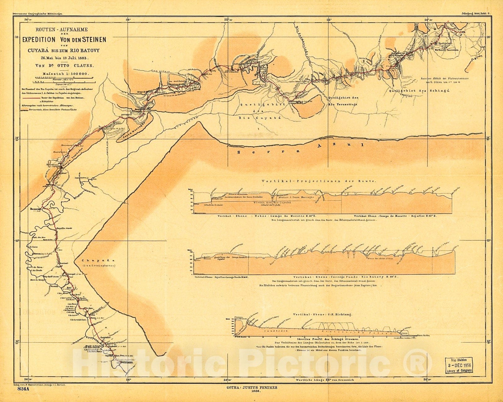 Historic 1883 Map - Routen-aufnahme der Expedition Von den Steinen von CuyabÃ¡ Biz Zum Rio Batovy.