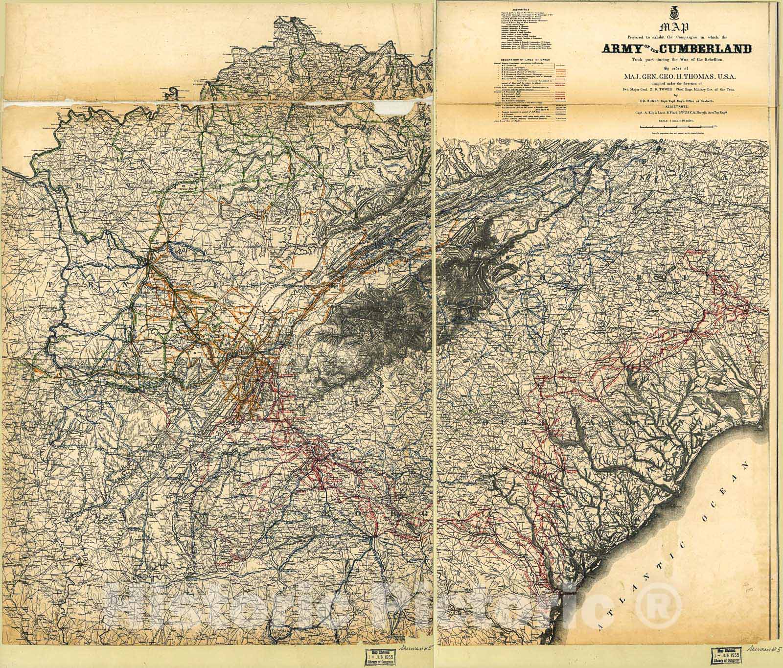 Historic 1865 Map - Map Prepared to Exhibit The campaigns in which The Army of The Cumberland Took Part During The War of The Rebellion