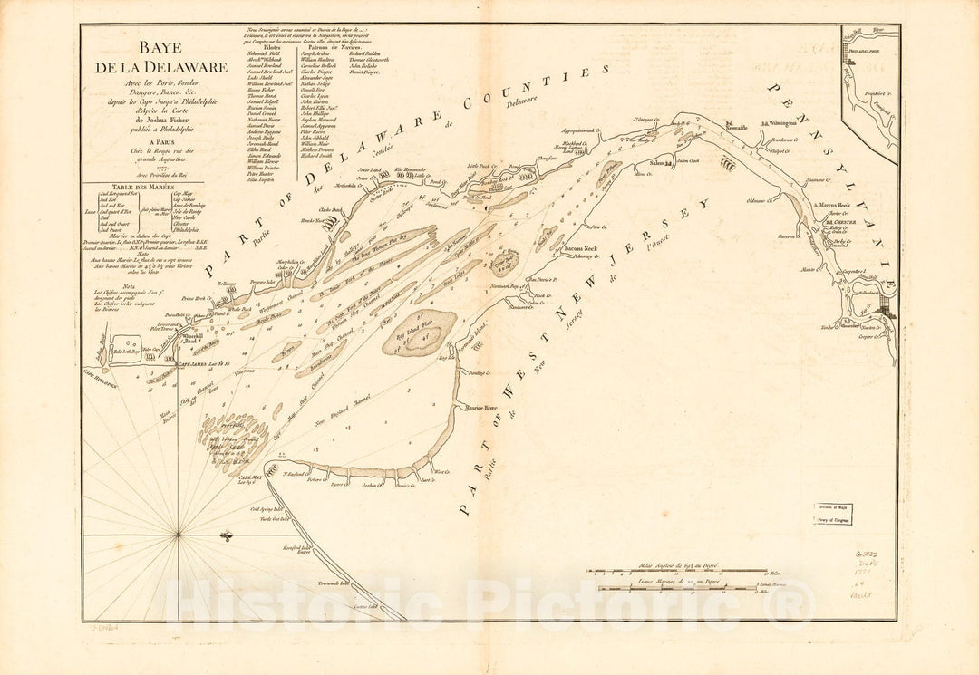 Historic 1777 Map - Baye de la Delaware avec les Ports, sondes, Dangers, bancs, c. Depuis les caps jusqu'Ã  Philadelphie