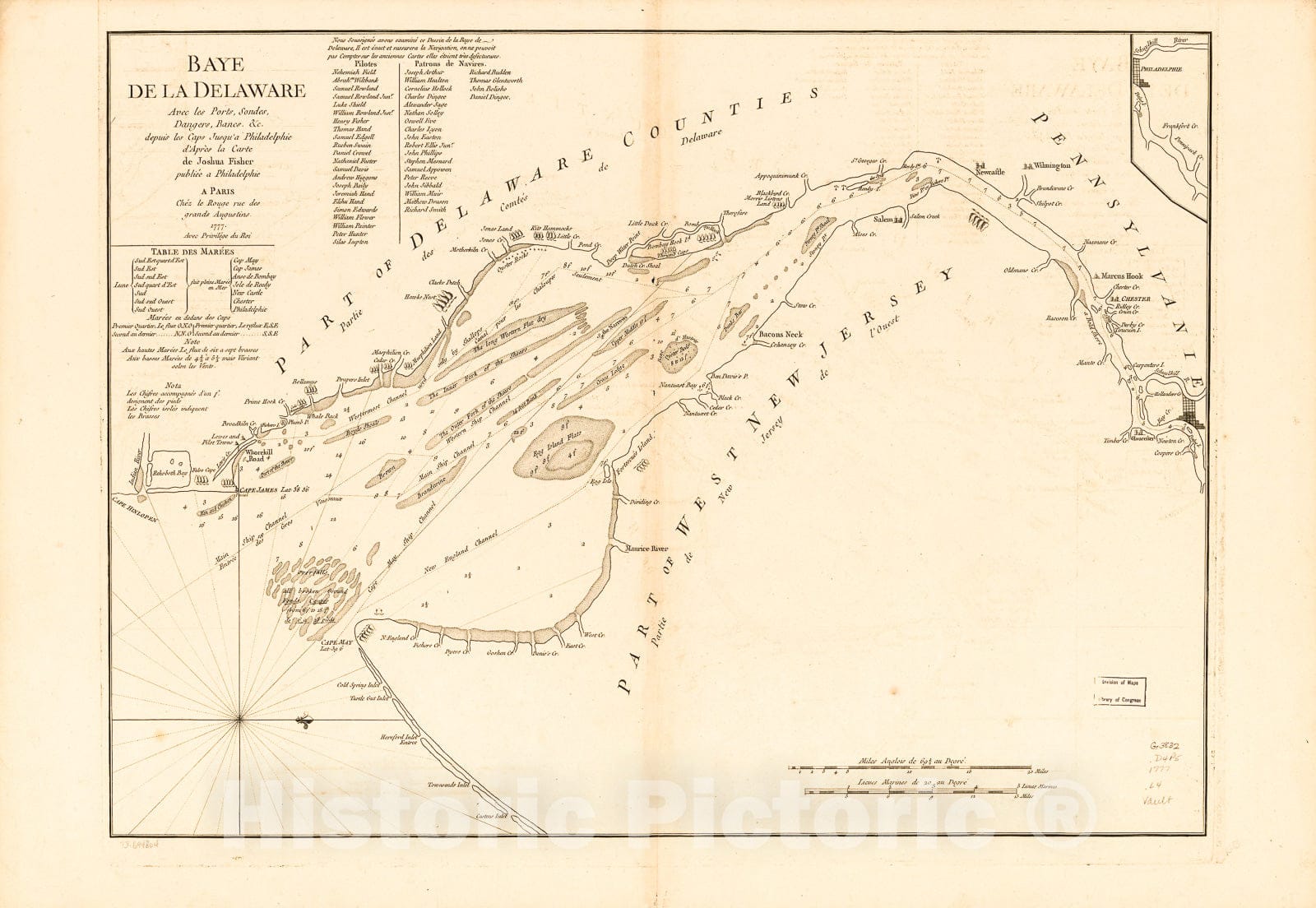 Historic 1777 Map - Baye de la Delaware avec les Ports, sondes, Dangers, bancs, c. Depuis les caps jusqu'Ã  Philadelphie