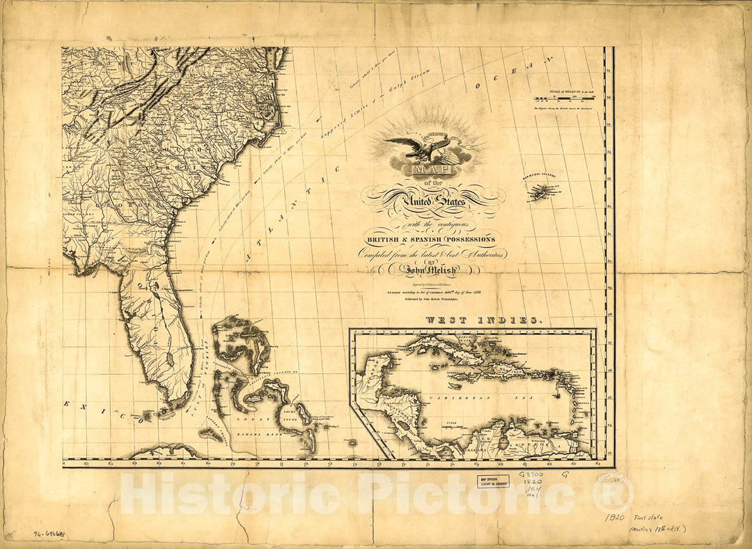 Historic 1820 Map - Map of The United States of America : with The contiguous British and Spanish Possessions 2