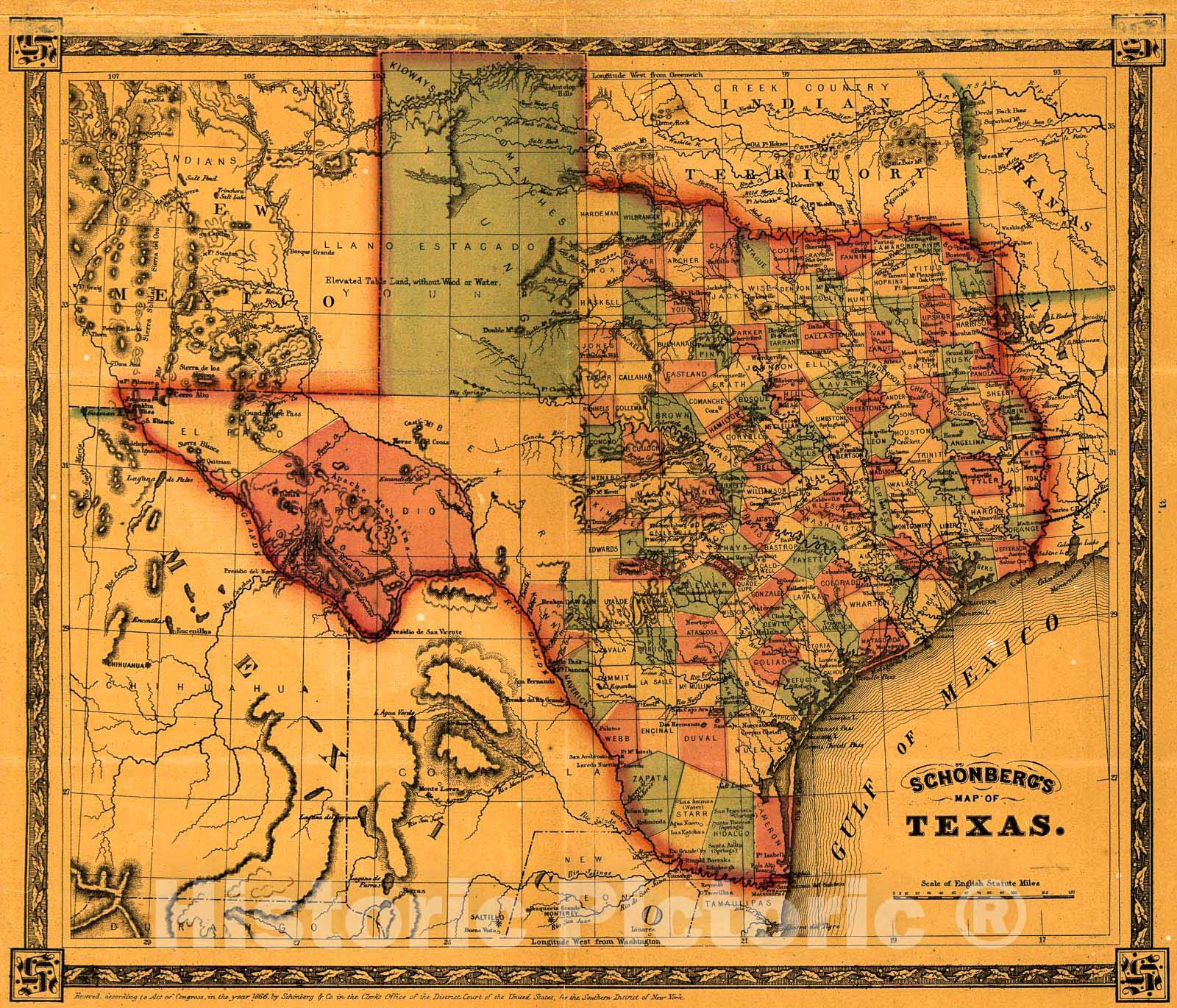 Historic 1866 Map - SchÃ¶nberg's map of Texas.