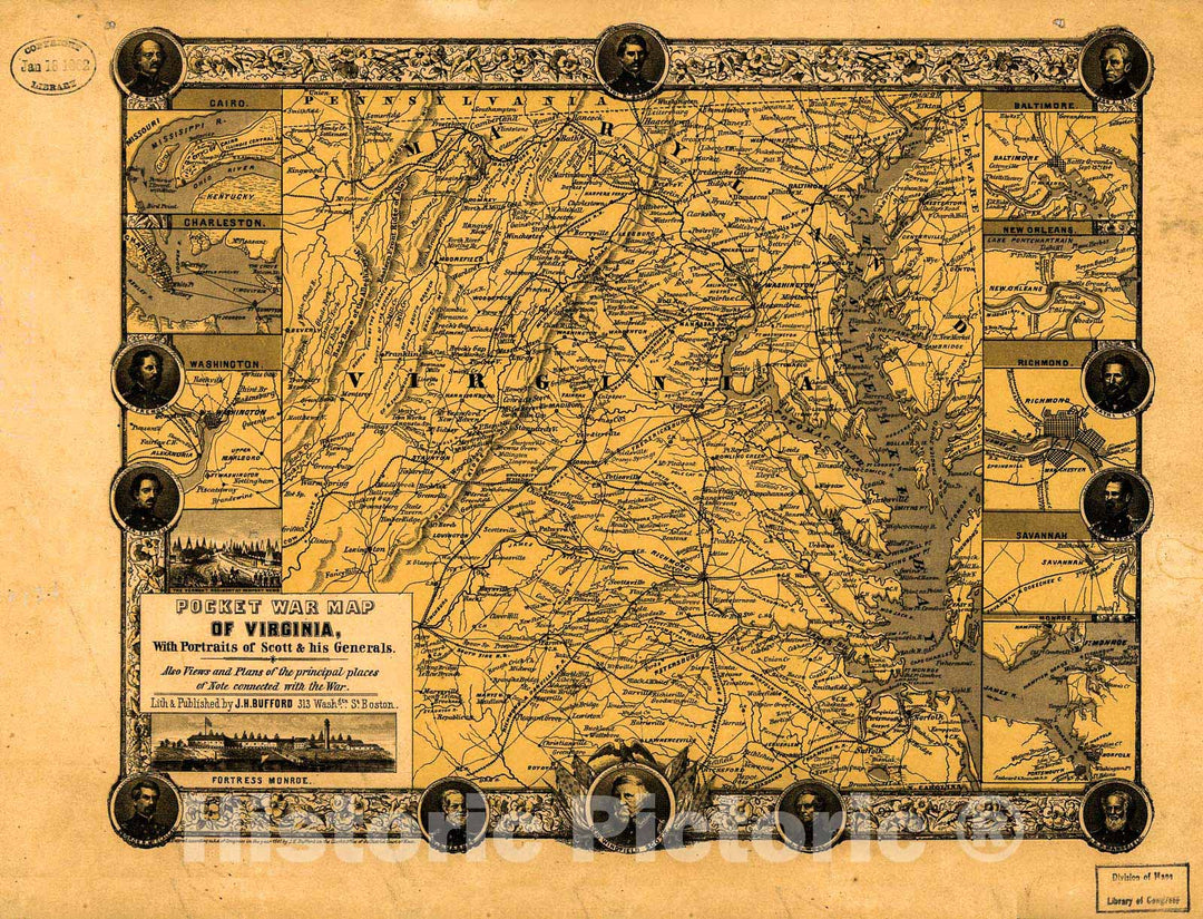 Historic 1861 Map - Pocket war map of Virginia, with Portraits of Scott & his Generals. Also Views and Plans of The Principal Places of Note Connected with The war