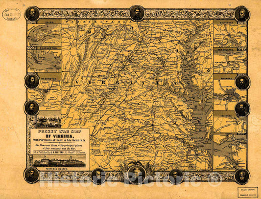 Historic 1861 Map - Pocket war map of Virginia, with Portraits of Scott & his Generals. Also Views and Plans of The Principal Places of Note Connected with The war