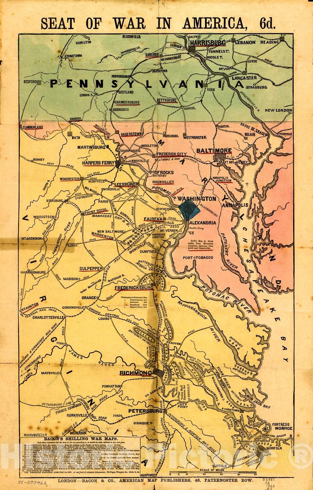 Historic 1863 Map - Seat of war in America, 6d.
