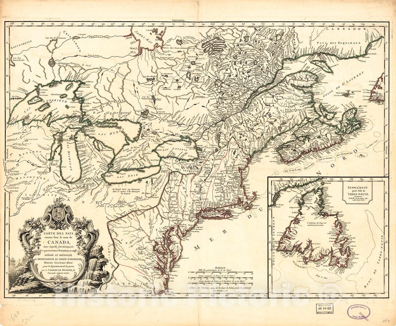 Historic 1753 Map - Carte des Pays connus Sous le nom de Canada, Dans laquelle sont distinguÃ©es les Possessions franÃ§oises, angl