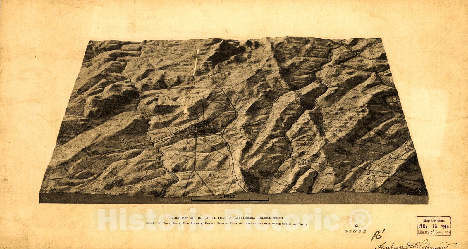 Historic 1886 Map - Relief map of The Battle Field of Gettysburg. Looking South. Showing The Town, Fields, Farm Buildings, Forests, Streams