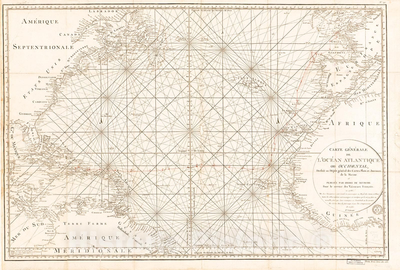 Historic 1792 Map - Carte gÃ©nÃ©rale de l'OcÃ©an Atlantique ou Occidental,