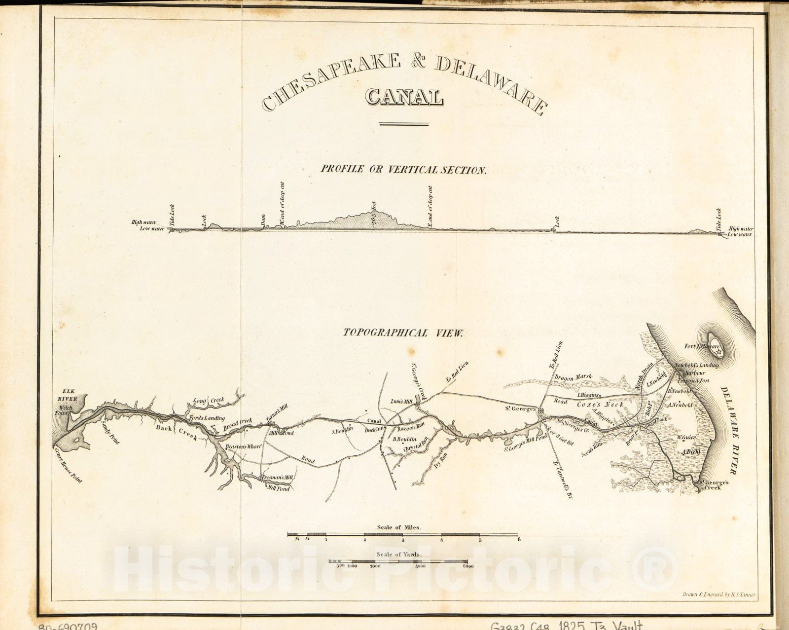 Historic 1825 Map - Chesapeake & Delaware Canal, Topographical View