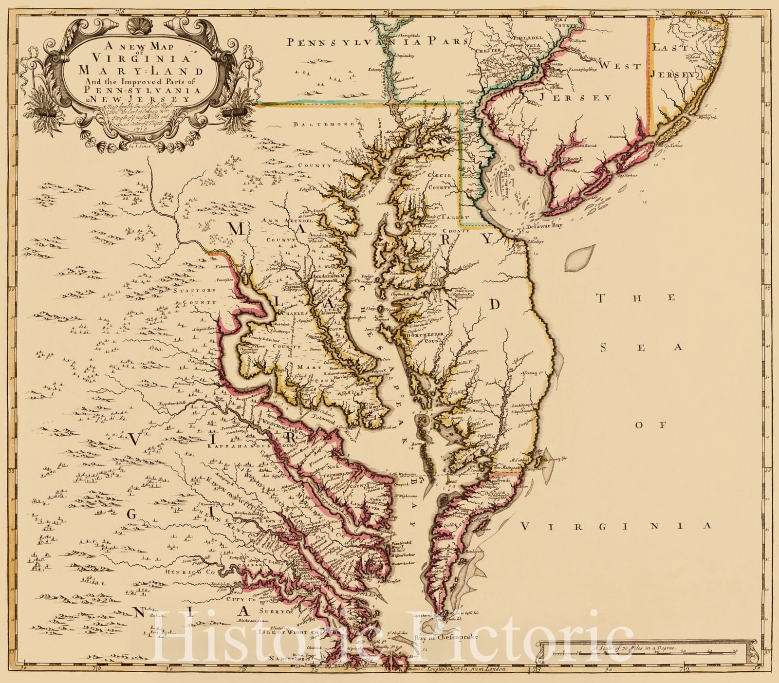 Historic 1719 Map - A New map of Virginia, Mary-Land, and The Improved Parts of Pennsylvania & New Jersey.
