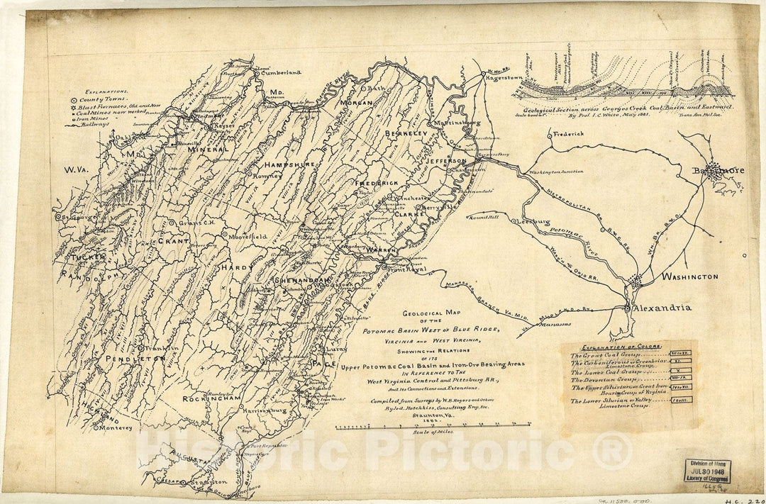 Historic 1882 Map - Geological map of The Potomac Basin west of Blue Ridge, Virginia and West Virginia : Showing The Relations of its Upper Potomac Coal Basin