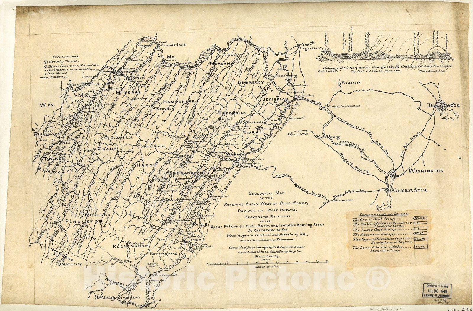 Historic 1882 Map - Geological map of The Potomac Basin west of Blue Ridge, Virginia and West Virginia : Showing The Relations of its Upper Potomac Coal Basin