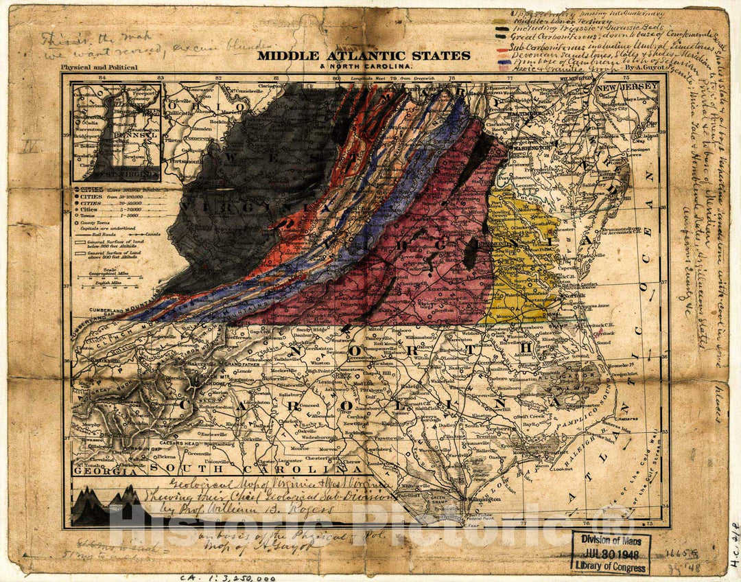 Historic 1870 Map - Geological map of Virginia & West Virginia Showing Their Chief Geological sub-divisions