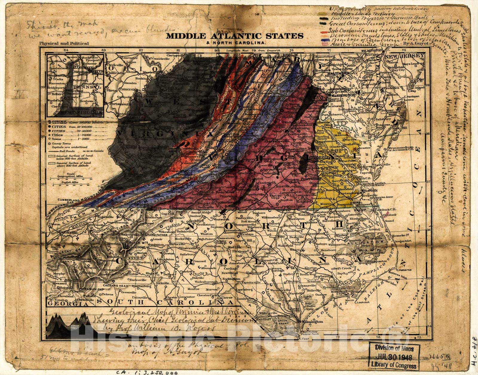 Historic 1870 Map - Geological map of Virginia & West Virginia Showing Their Chief Geological sub-divisions