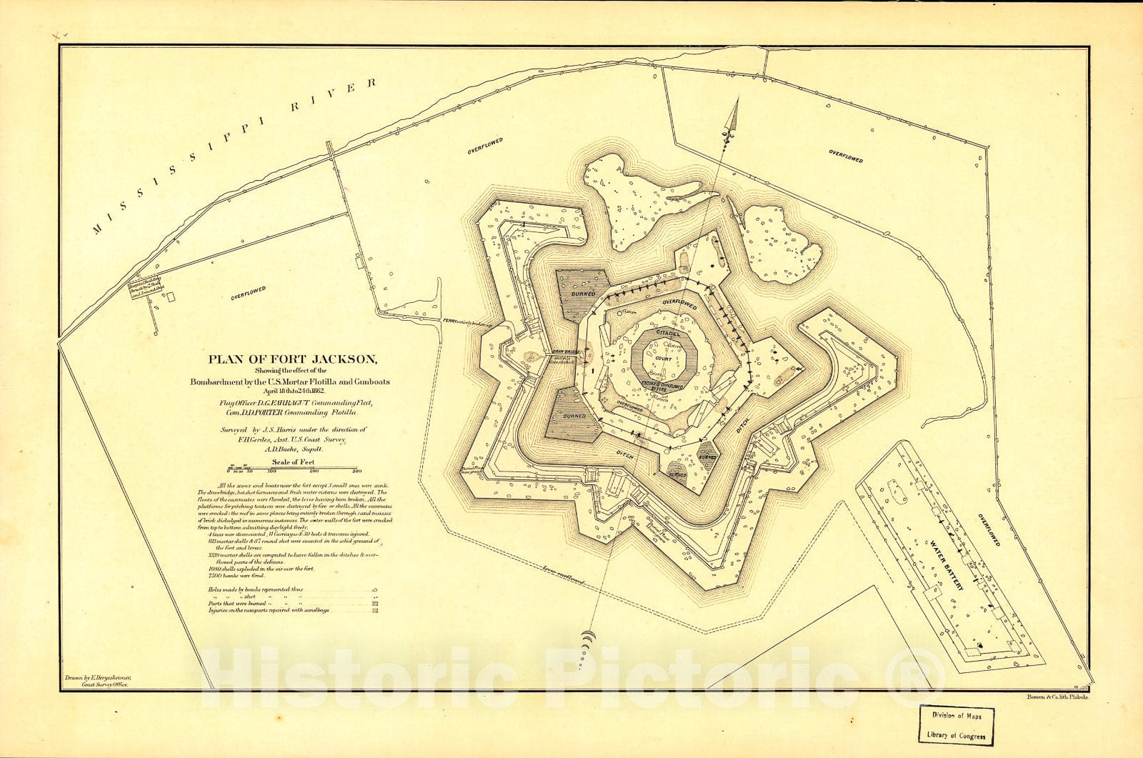 Historic 1862 Map - Plan of Fort Jackson, Showing The Effect of The Bombardment by The U.S. Mortar Flotilla and gunboats, April 18th to 24th 1862