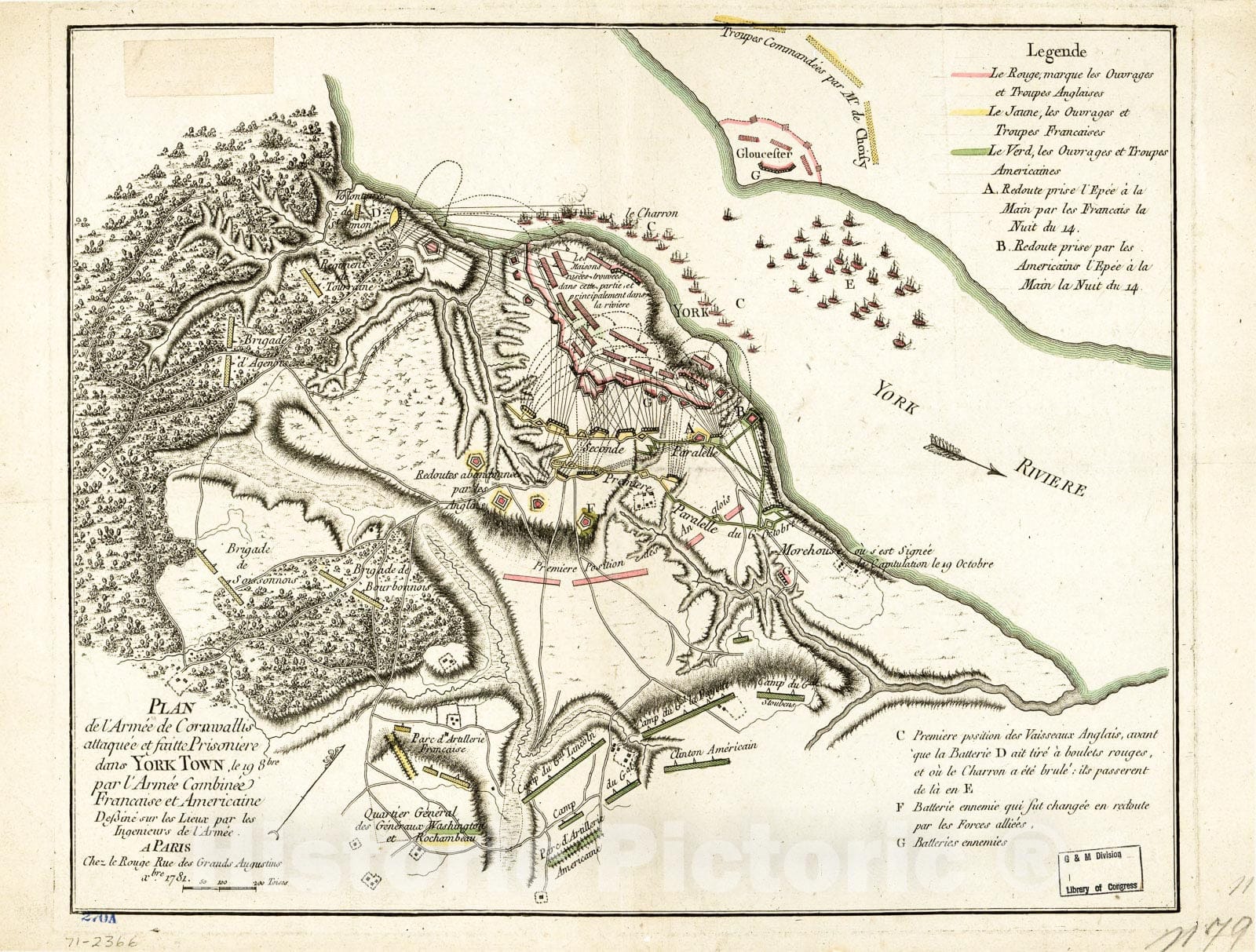Historic 1781 Map - Plan de l'armÃ©e de Cornwallis attaquÃ©e et faitte prisoniÃ¨re Dans York Town, le 19 8bre par l'armÃ©e combinÃ©e Francaise et americaine,