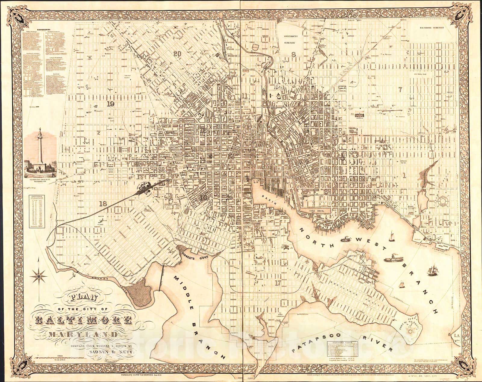 Historic 1851 Map - Plan of The City of Baltimore, Maryland