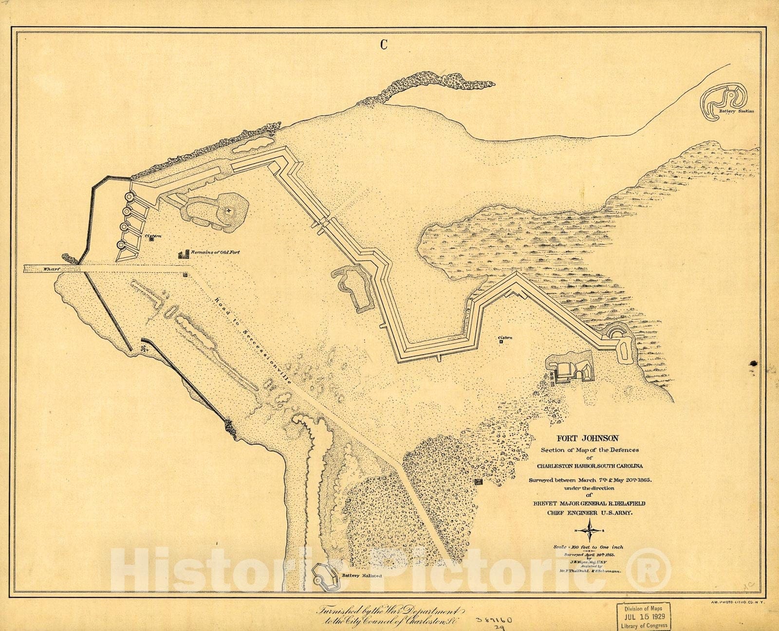Historic 1865 Map - Fort Johnson, Section of map of The defences of Charleston Harbor, South Carolina