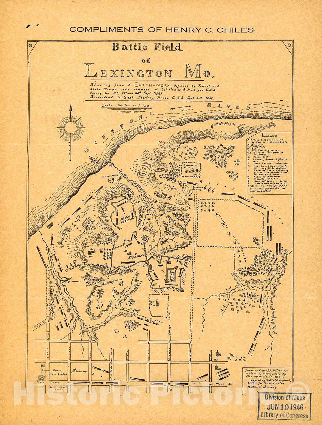 Historic 1870 Map - Battle Field of Lexington, Mo, Showing Plan of Earthwork Defended by Federal and State Troops Under Command of Col. James A. Mulligan, U.S.A.