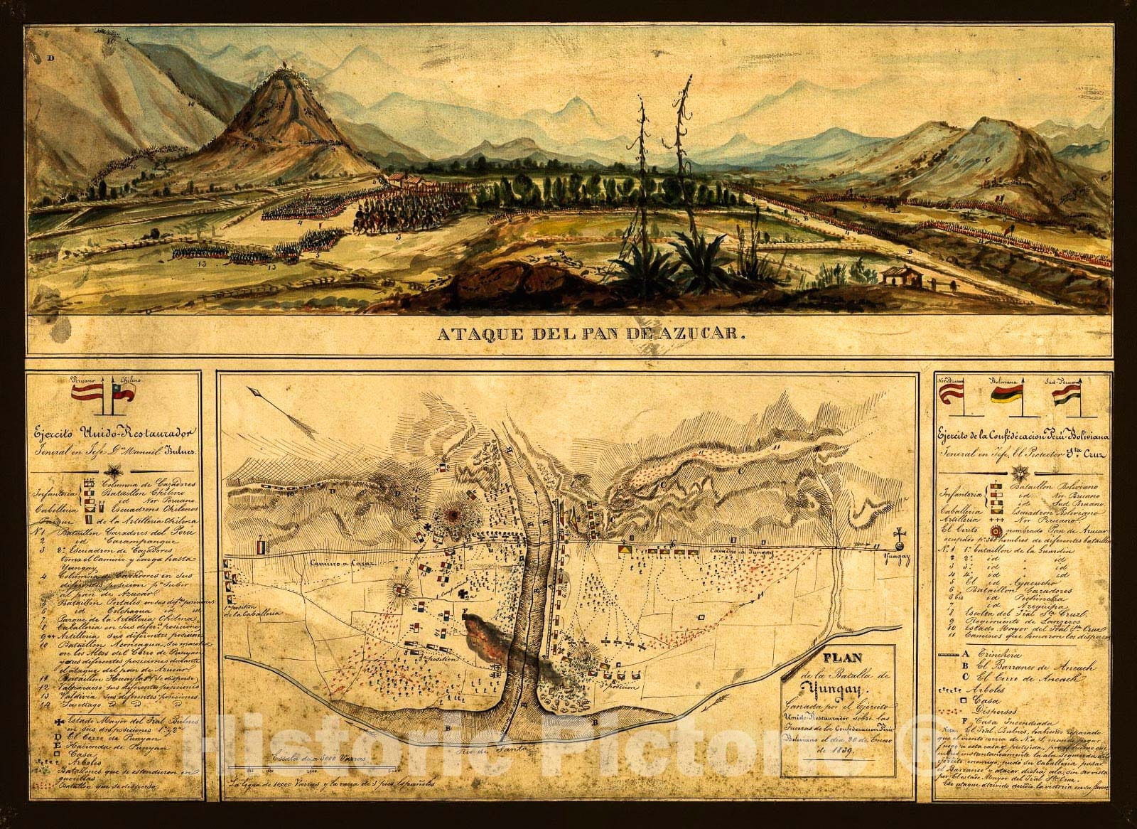 Historic 1839 Map - Plan de la batalla de Yungay : ganada por el Ejercito Unido-Restaurador sobre las fuerzas de la ConfederaciÃ³n PerÃº-Boliviano el Dia 20 DE enero de 1839.