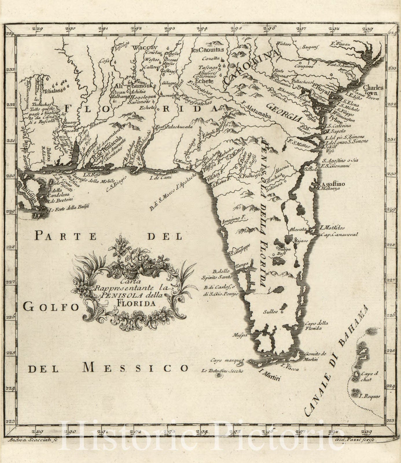 Historic 1763 Map - Carta rappresentante la penisola Della Florida.
