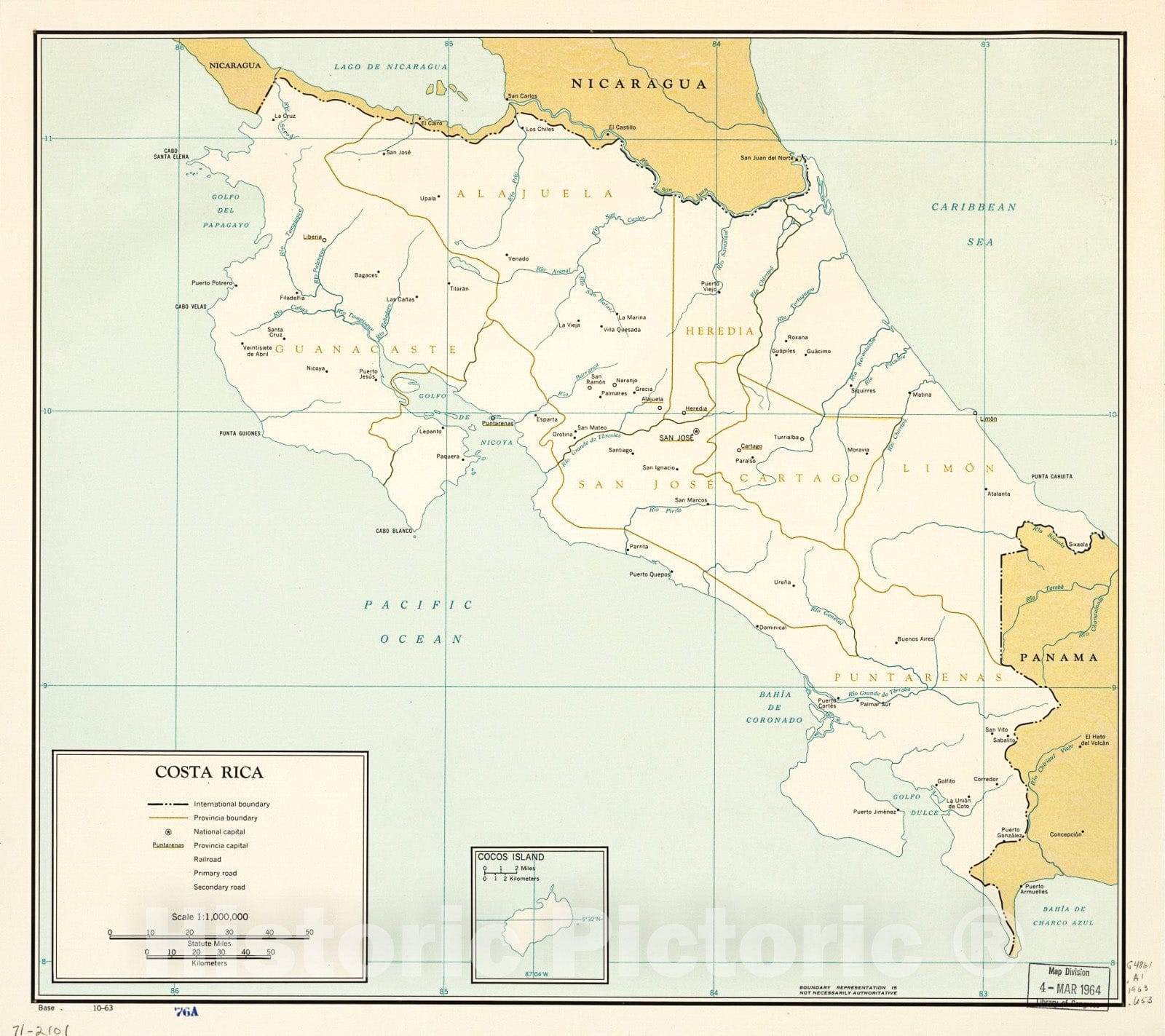 Historic 1963 Map - Costa Rica. 10-63.
