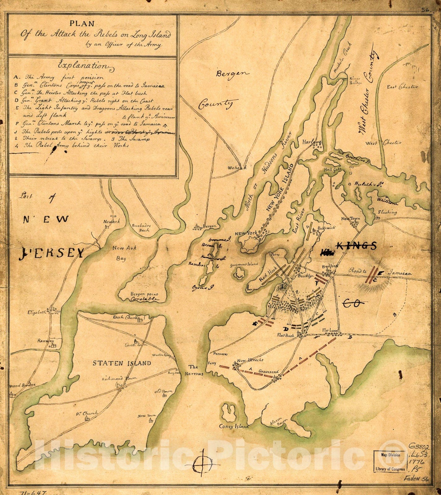 Historic 1776 Map - Plan of The Attack The Rebels on Long Island, by an Officer of The Army.