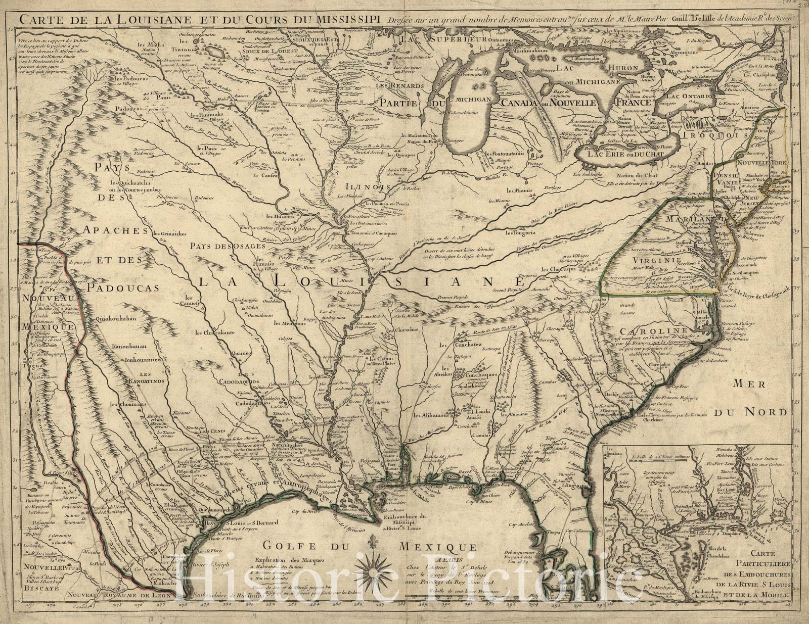 Historic 1718 Map - Carte de la Louisiane et du Cours du Mississipi i.e. Mississippi: dressÃ©e sur un Grand nombre de mÃ©moires entrautres sur ceux de Mr. le Maire