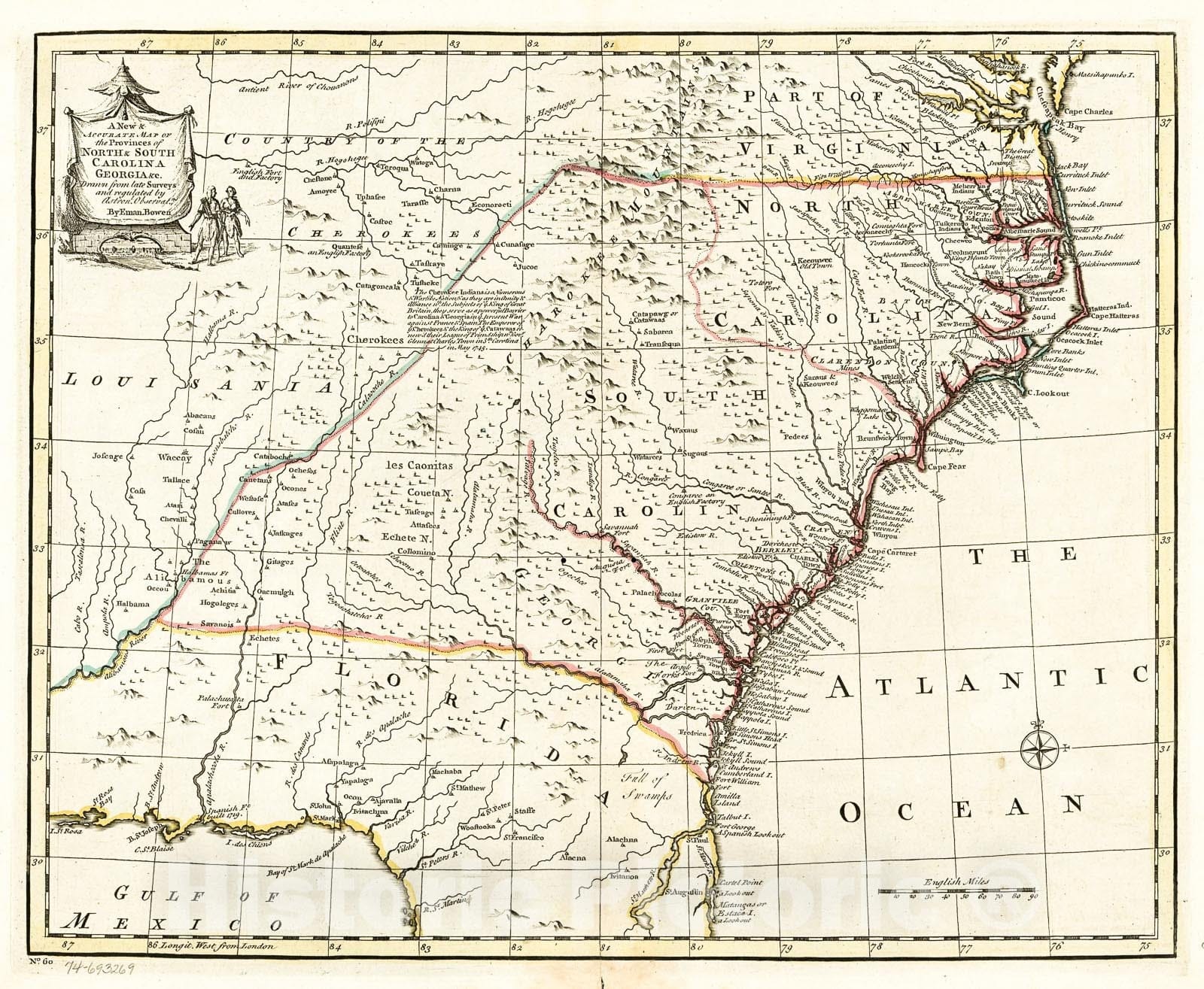 Historic 1752 Map - A New & Accurate map of The Provinces of North & South Carolina, Georgia 1