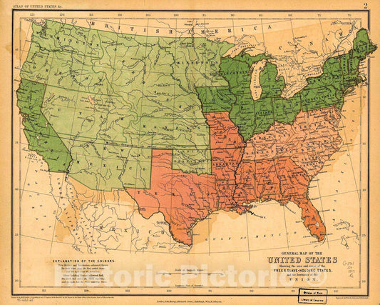 Historic 1857 Map - General map of The United States, Showing The Area and Extent of The Free & Slave-Holding States, and The Territories of The Union