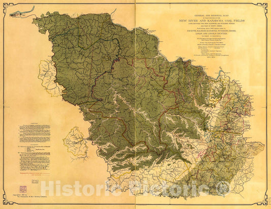 Historic 1905 Map - General and Regional map of That Portion of The New River and Kanawha Coal Fields Lying Between The New, Kanawha and Guyandot Rivers and west of Piney Creek.