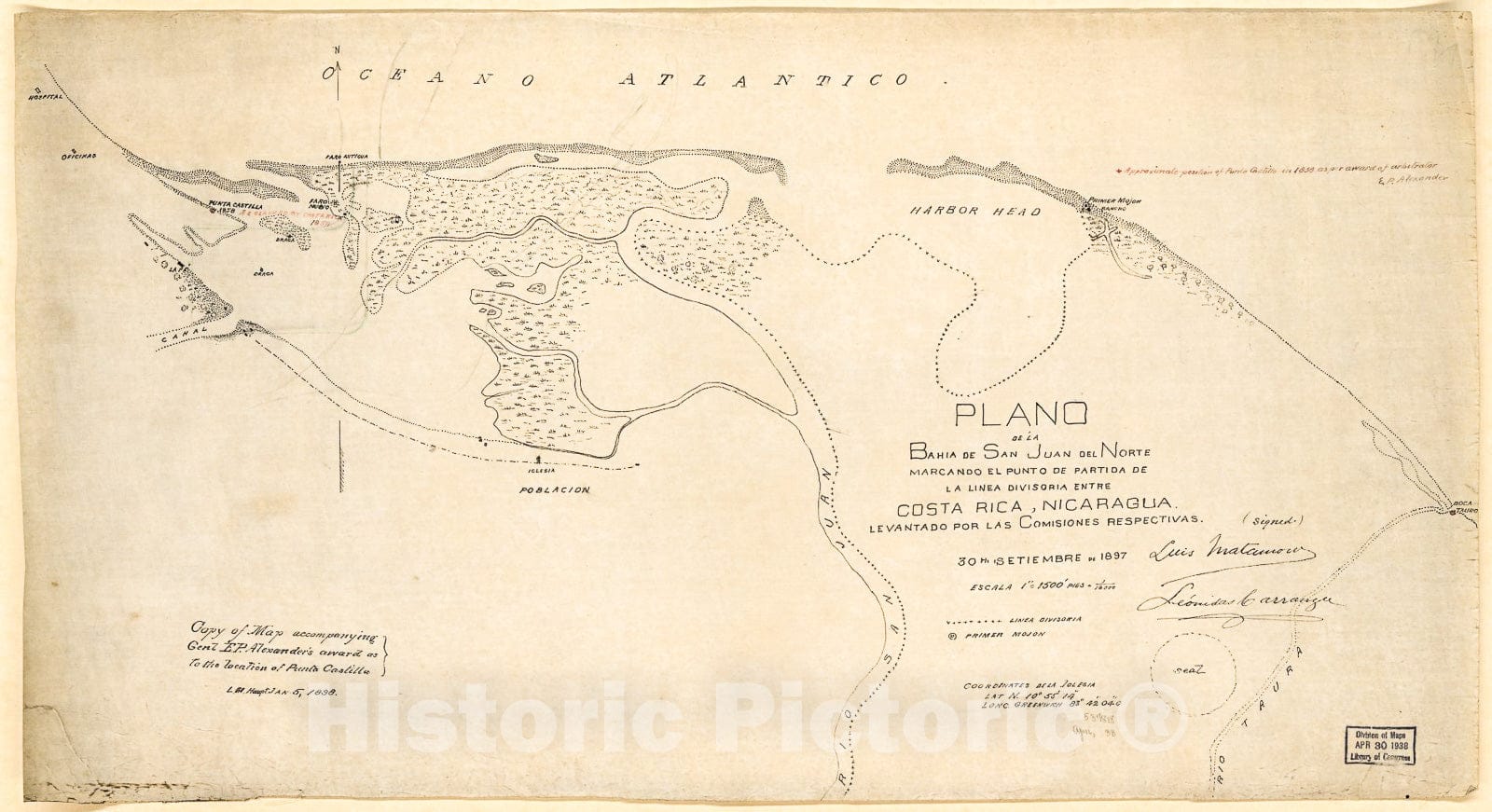 Historic 1898 Map - Plano de la Bahia de San Juan del Norte, marcando el Punto de partida de la Linea divisoria Entre Costa Rica, Nicaragua. Levantado por las Comisiones Respectivas.