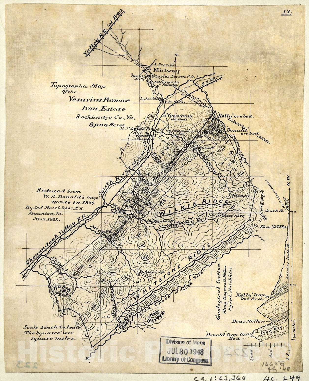 Historic 1882 Map - Topographic map of The Vesuvius Furnace Iron Estate, Rockbridge Co, Va, 8,000 Acres