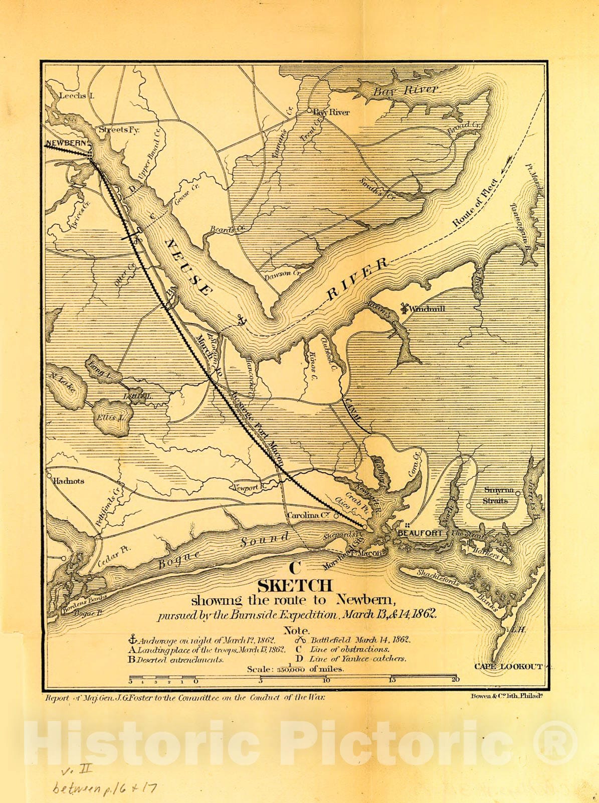 Historic 1866 Map - Sketch Showing The Route to Newbern, Pursued by The Burnside Expedition, March 13 & 14, 1862