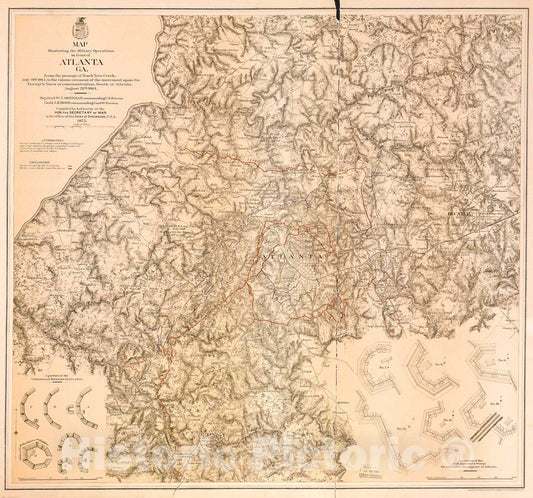 Historic 1864 Map - Map Illustrating The Military Operations in Front of Atlanta, Ga. : from The Passage of Peach Tree Creek, July 19th, 1864
