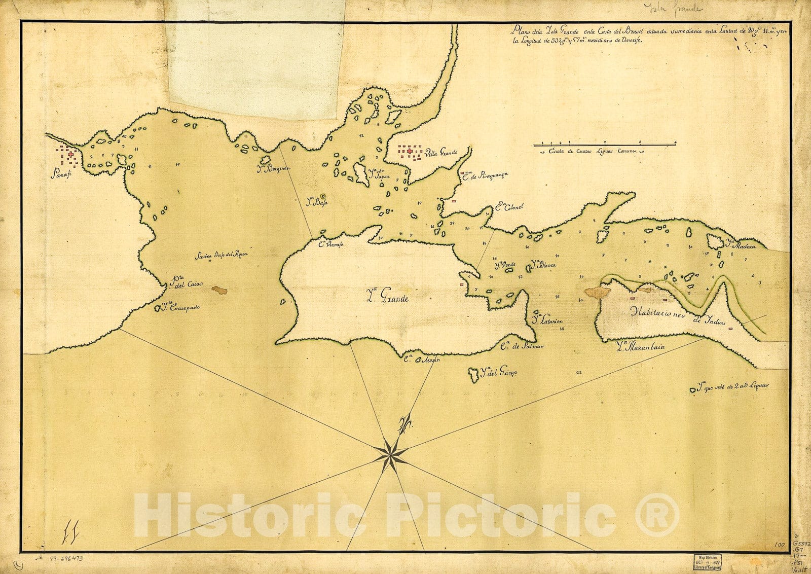 Historic 1700 Map - Plano de la Isla Grande en la Costa del Brasil situada su mediania en la latitud DE 23 gs. 11 ms. y en la longitud de 332 gs. y 57 ms, meridiano de Tenerife.