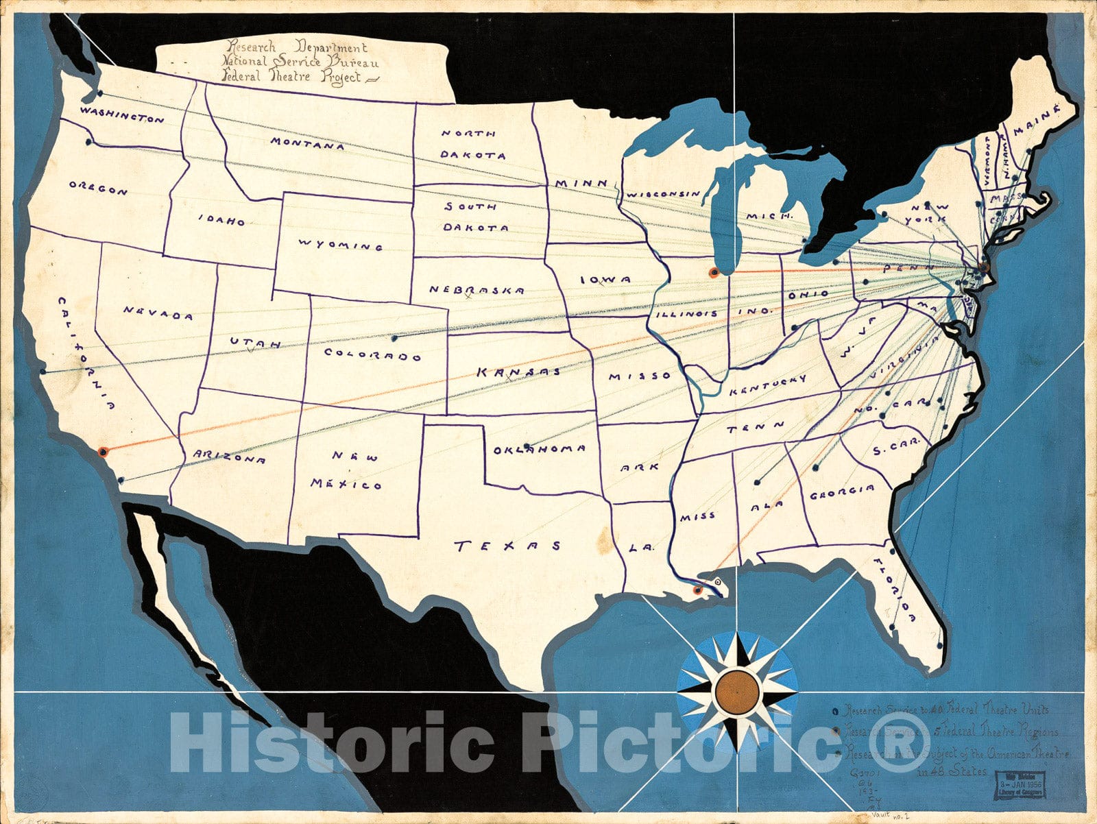 Historic 1930 Map - Map Showing Research Service to 40 Federal Theatre Units, Research Service to 5 Federal Theatre Regions, 1