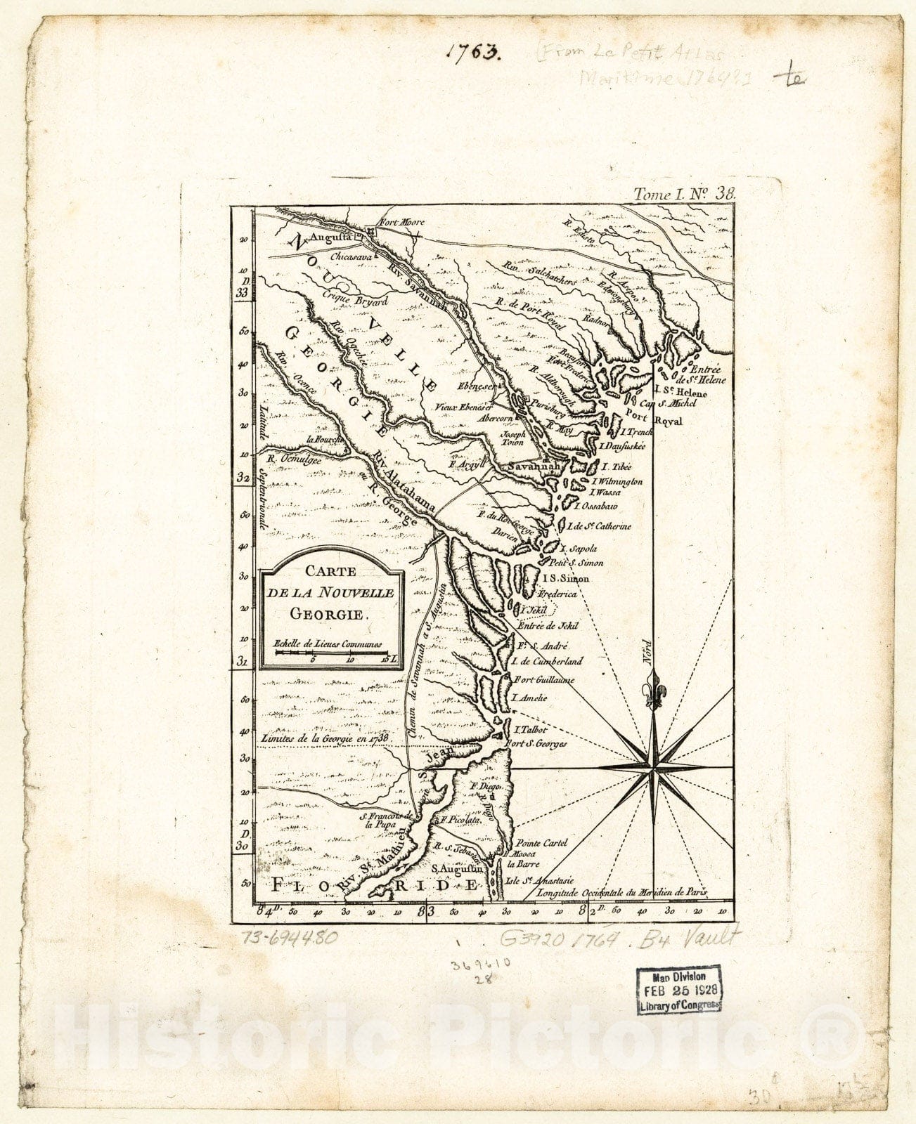 Historic 1764 Map - Carte de la Nouvelle Georgia. 1