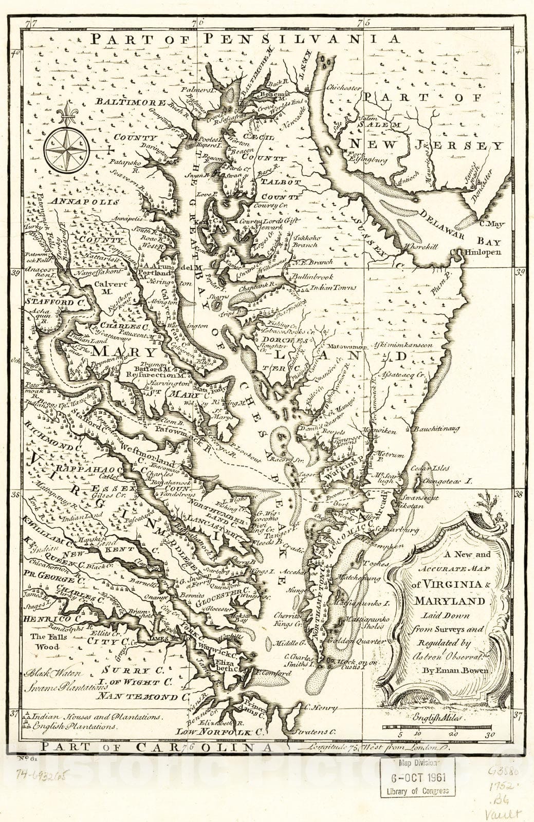 Historic 1752 Map - A New and Accurate map of Virginia & Maryland 1