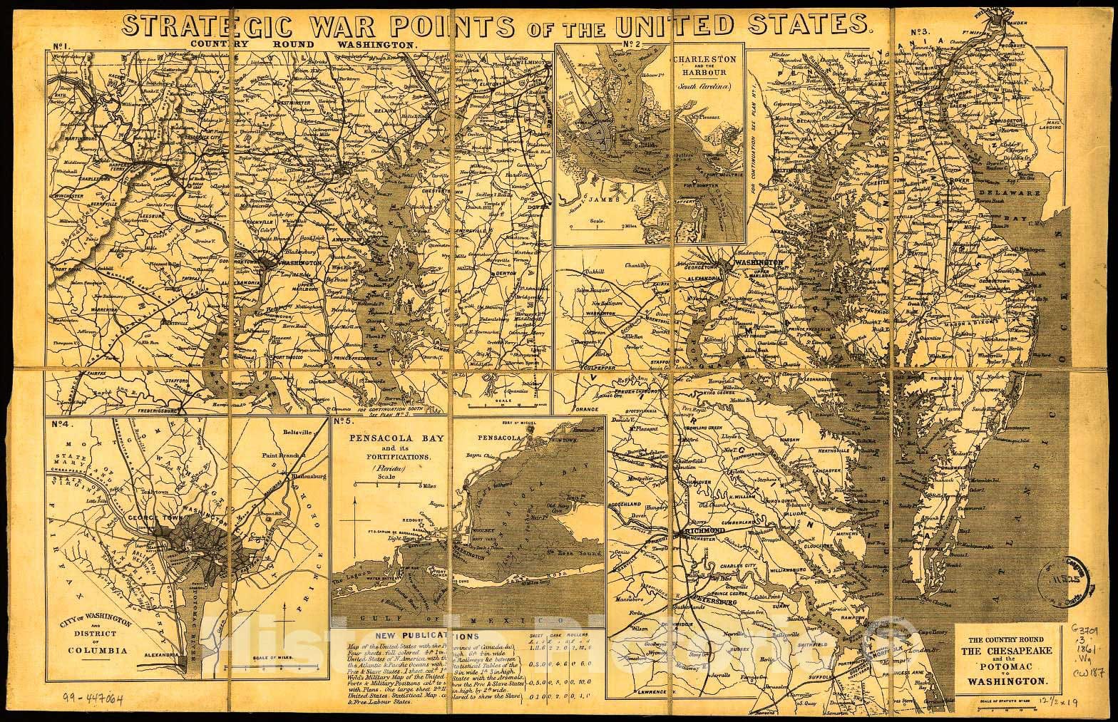 Historic 1861 Map - Strategic war Points of The United States.