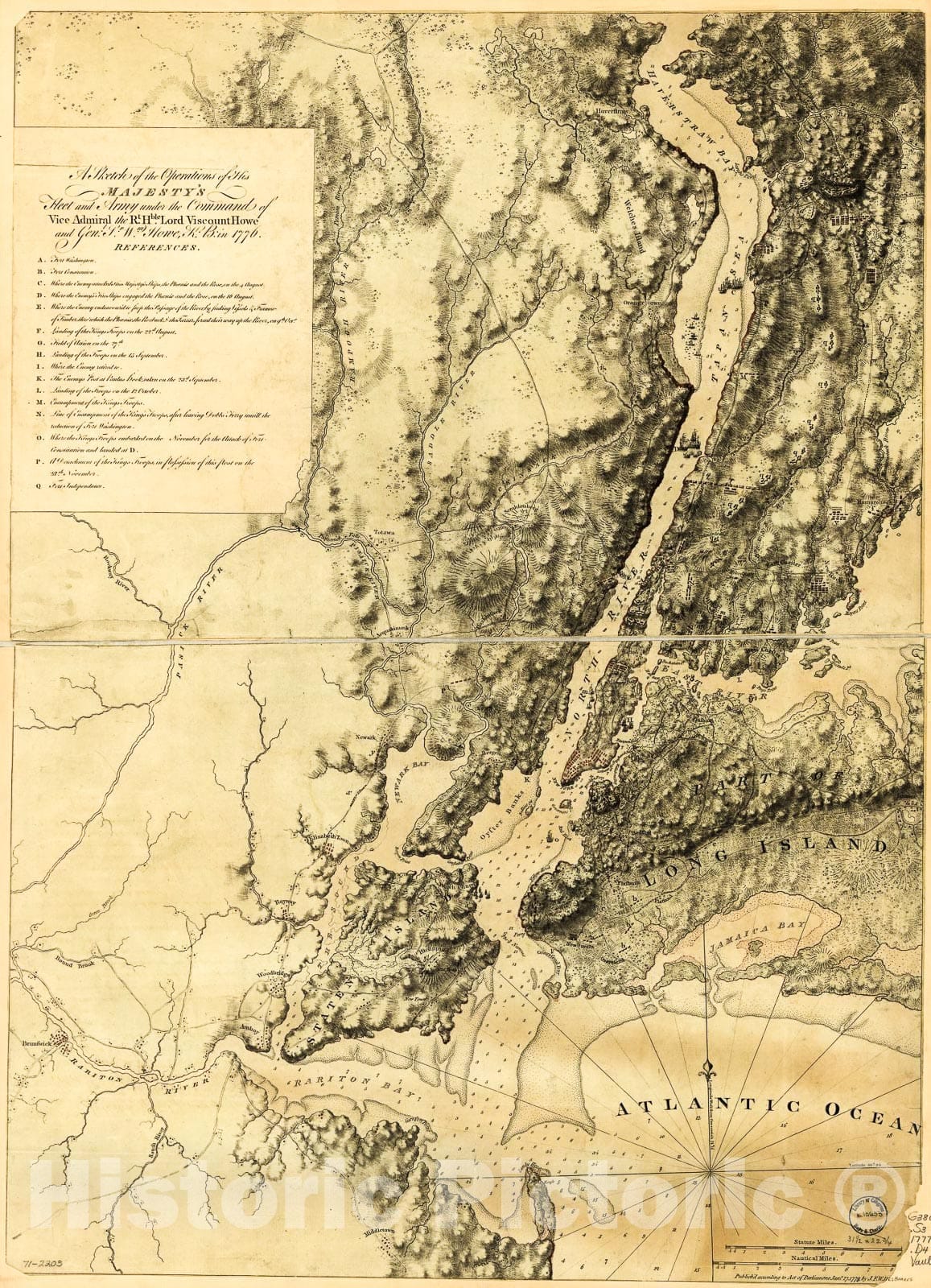 Historic 1777 Map - A Sketch of The Operations of His Majesty's Fleet and Army Under The Command of Vice Admiral The Rt. Hble. Lord Viscount Howe and Genl. Sr. Wm. Howe, K.B, in 1776.