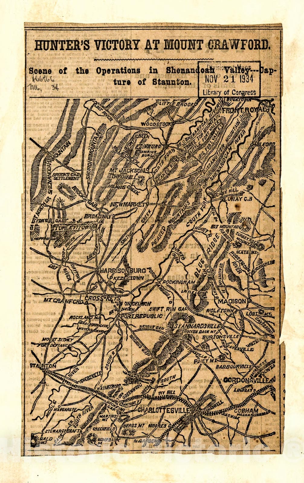 Historic 1864 Map - Hunter's Victory at Mount Crawford October 2, 1864 Scene of The Operations in Shenadoah Valley-Capture of Staunton June 6, 1864