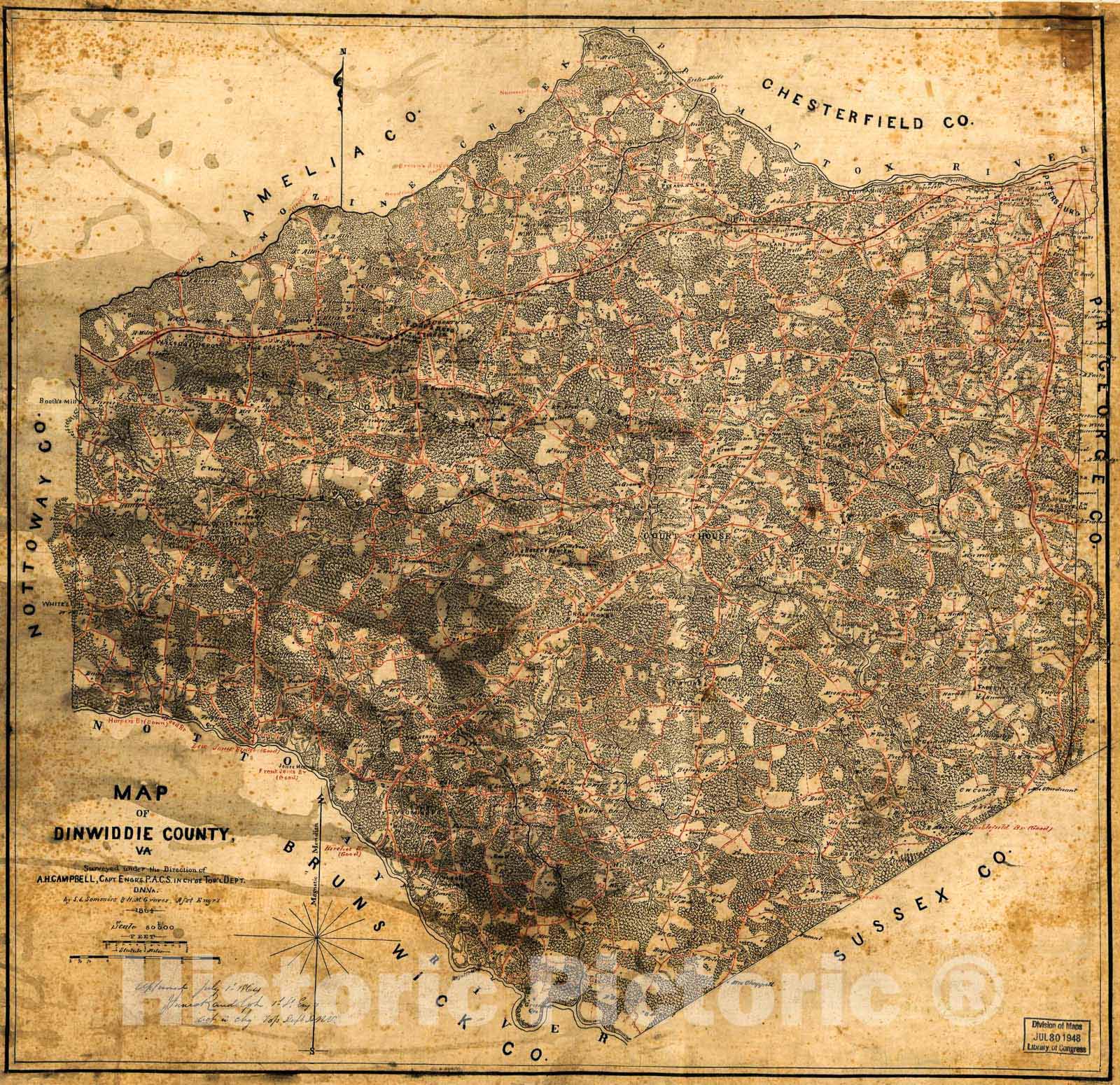 Historic 1864 Map - Map of Dinwiddie County, Va. 1