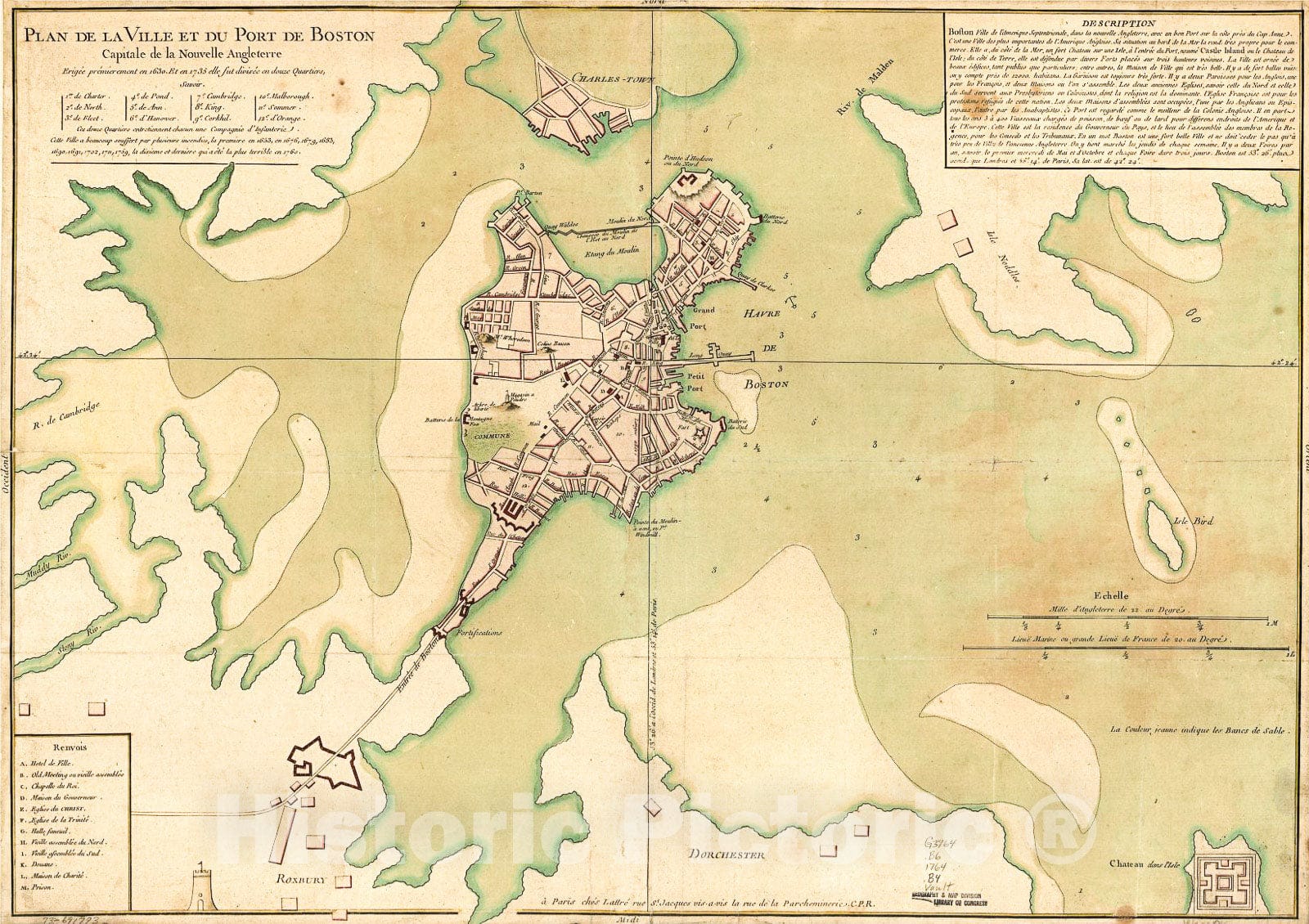 Historic 1764 Map - Plan de la Ville et du Port de Boston; capitale de la Nouvelle Angleterre.