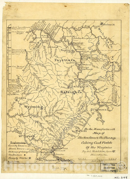 Historic 1886 Map - The Am. Manufacturer's map of The New River & The Flat-top coking Coal Fields of The Virginias