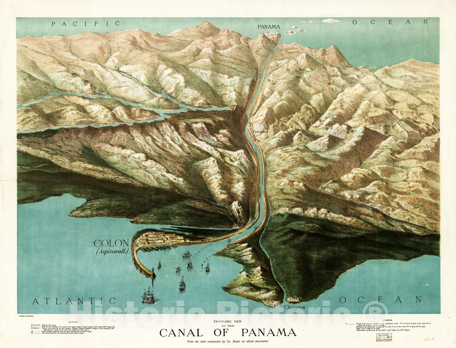 Historic 1881 Map - Panoramic View of The Canal of Panama, from The Relief Constructed by Ch. Muret on Official documents