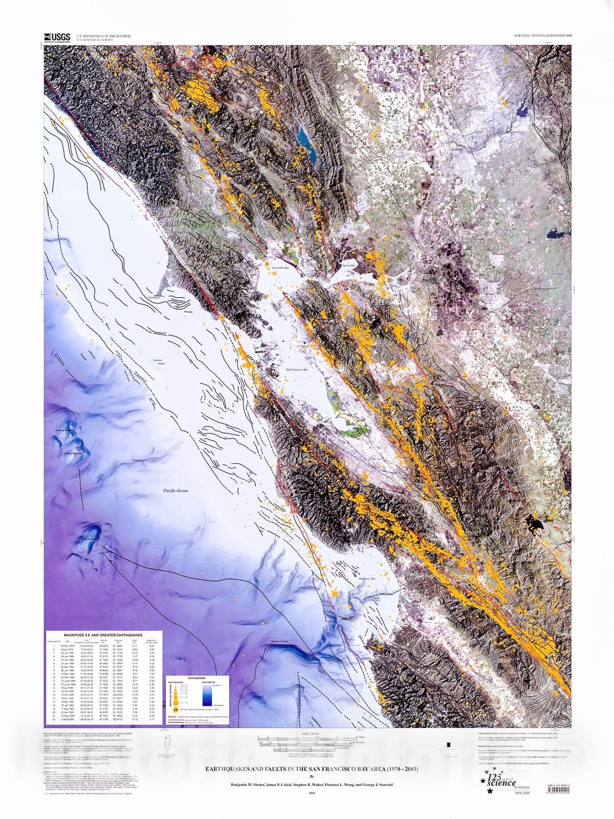 Historic 2003-2004 Map - Earthquakes and Faults in The San Francisco Bay Area (1970-2003)