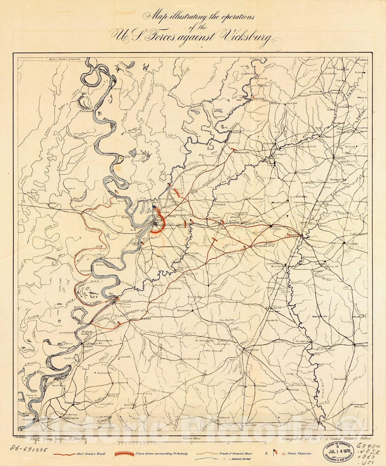 Historic 1863 Map - Map Illustrating The Operations of U.S. Forces Against Vicksburg 1