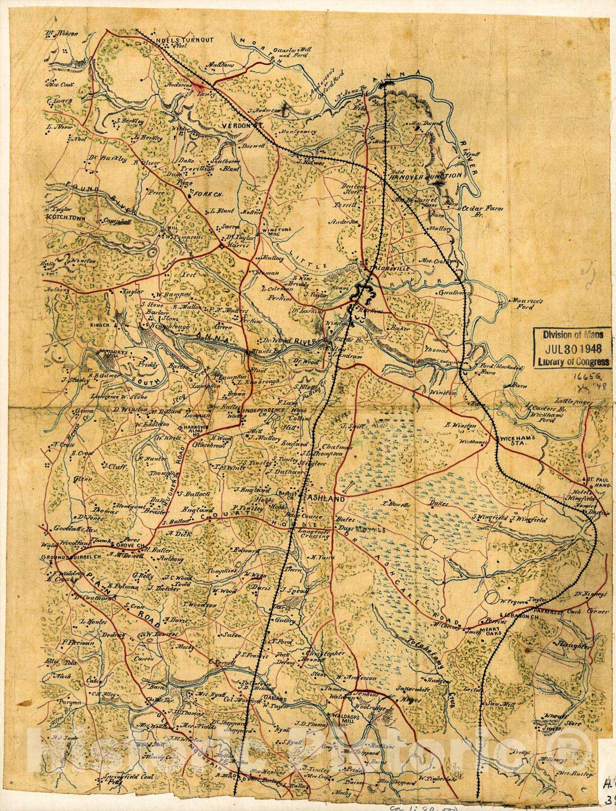 Historic 1860 Map - Map of The Northern Portion of Hanover County, Va, Showing fortifications on The South Anna River Near Taylorsville